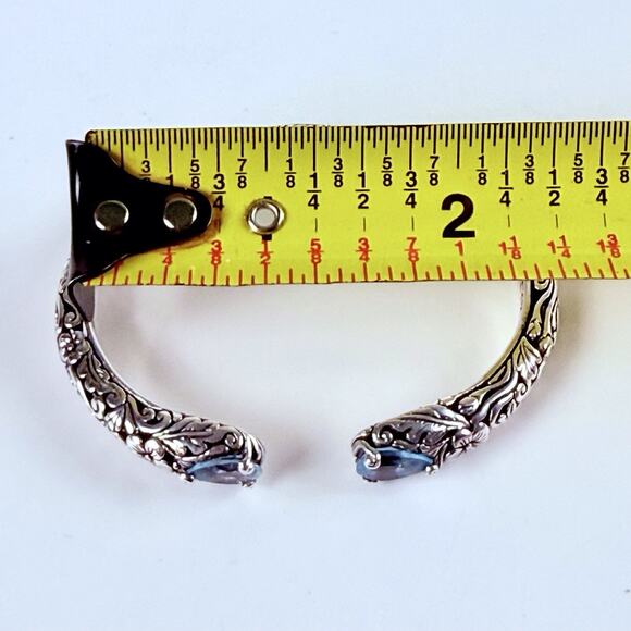 DESIGNER BLUE TOPAZ Floral Hinged Open Cuff Bracelet Sterling Silver Signed - Picture 6 of 11